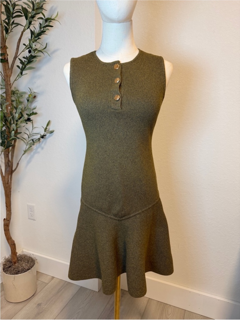Zara Olive Green Sleeveless Knit Button-Front Mini Dress